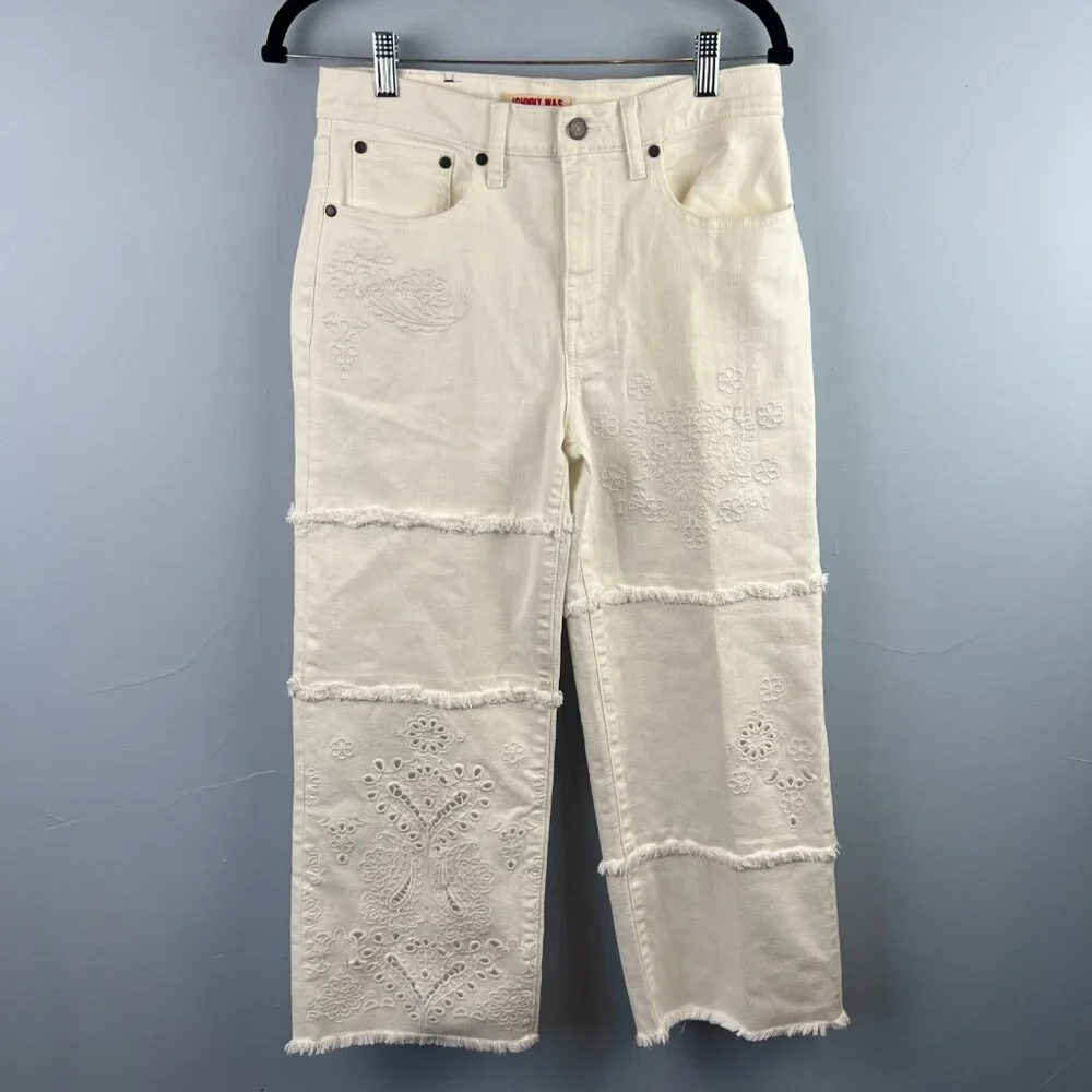 Johnny Was Sevilla Cropped‎ Wide Leg Jean White Cotton Blend Denim Size 26